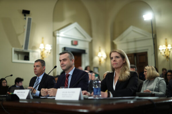 (L-R) President and CEO of Election Systems & Software Tom Burt, President and CEO of Dominion Voting Systems John Poulos, President and CEO of Hart InterCivic Julie Mathis testify during a hearing on "2020 Election Security-Perspectives from Voting System Vendors and Experts." before the House Administration Committee on Jan. 9, 2020 on Capitol Hill in Washington, DC. (Alex Wong/Getty Images)