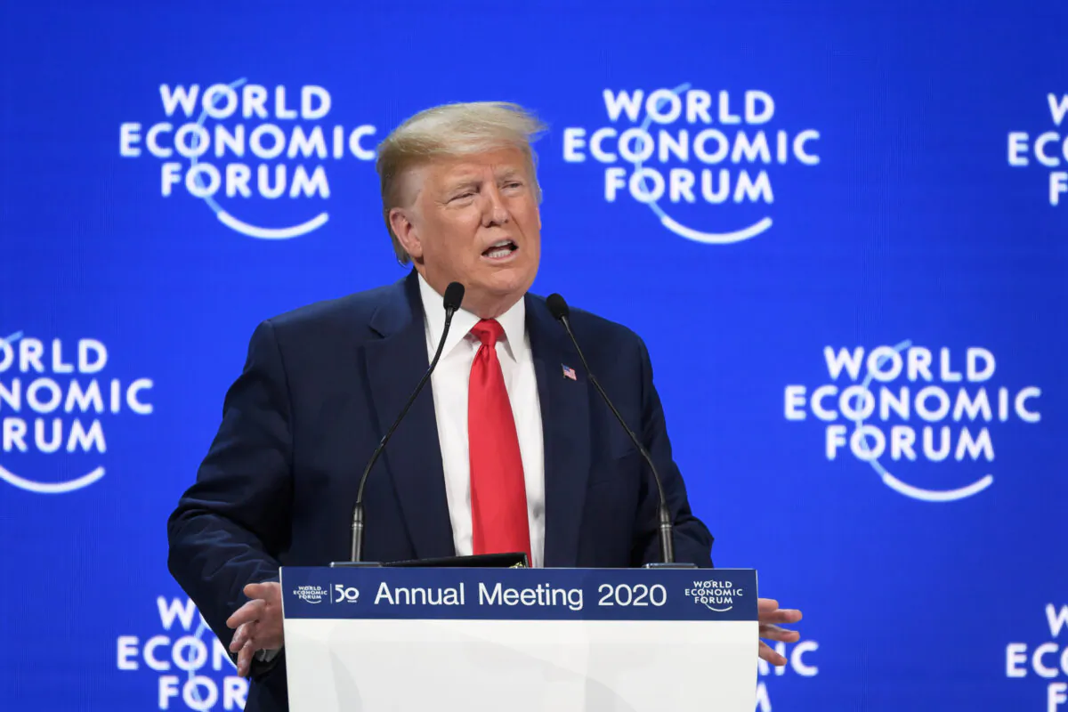 President Donald Trump delivers a speech at the Congres Center during the World Economic Forum annual meeting in Davos, Switzerland, on Jan. 21, 2020. (Fabrice Coffrini/AFP via Getty Images)