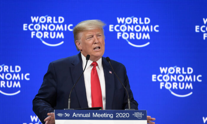 President Donald Trump delivers a speech at the Congres Center during the World Economic Forum annual meeting in Davos, Switzerland, on Jan. 21, 2020. (Fabrice Coffrini/AFP via Getty Images)