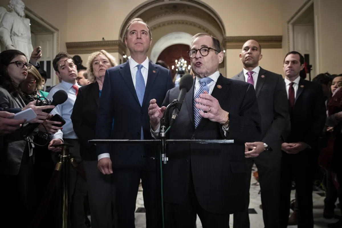 (L-R) House impeachment managers Rep. Zoe Lofgren (D-Calif.), Rep. Adam Schiff (D-Calif), Rep. Jerry Nadler (D-N.Y.), Rep. Hakeem Jeffries (D-N.Y.) and Rep. Jason Crow (D-Colo.) speak to reporters during a brief media availability before the start of the impeachment trial at the U.S. Capitol in Washington on Jan. 21, 2020. (Drew Angerer/Getty Images)
