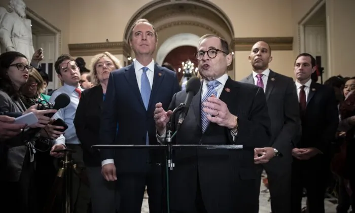 (L-R) House impeachment managers Rep. Zoe Lofgren (D-Calif.), Rep. Adam Schiff (D-Calif), Rep. Jerry Nadler (D-N.Y.), Rep. Hakeem Jeffries (D-N.Y.) and Rep. Jason Crow (D-Colo.) speak to reporters during a brief media availability before the start of the impeachment trial at the U.S. Capitol in Washington on Jan. 21, 2020. (Drew Angerer/Getty Images)