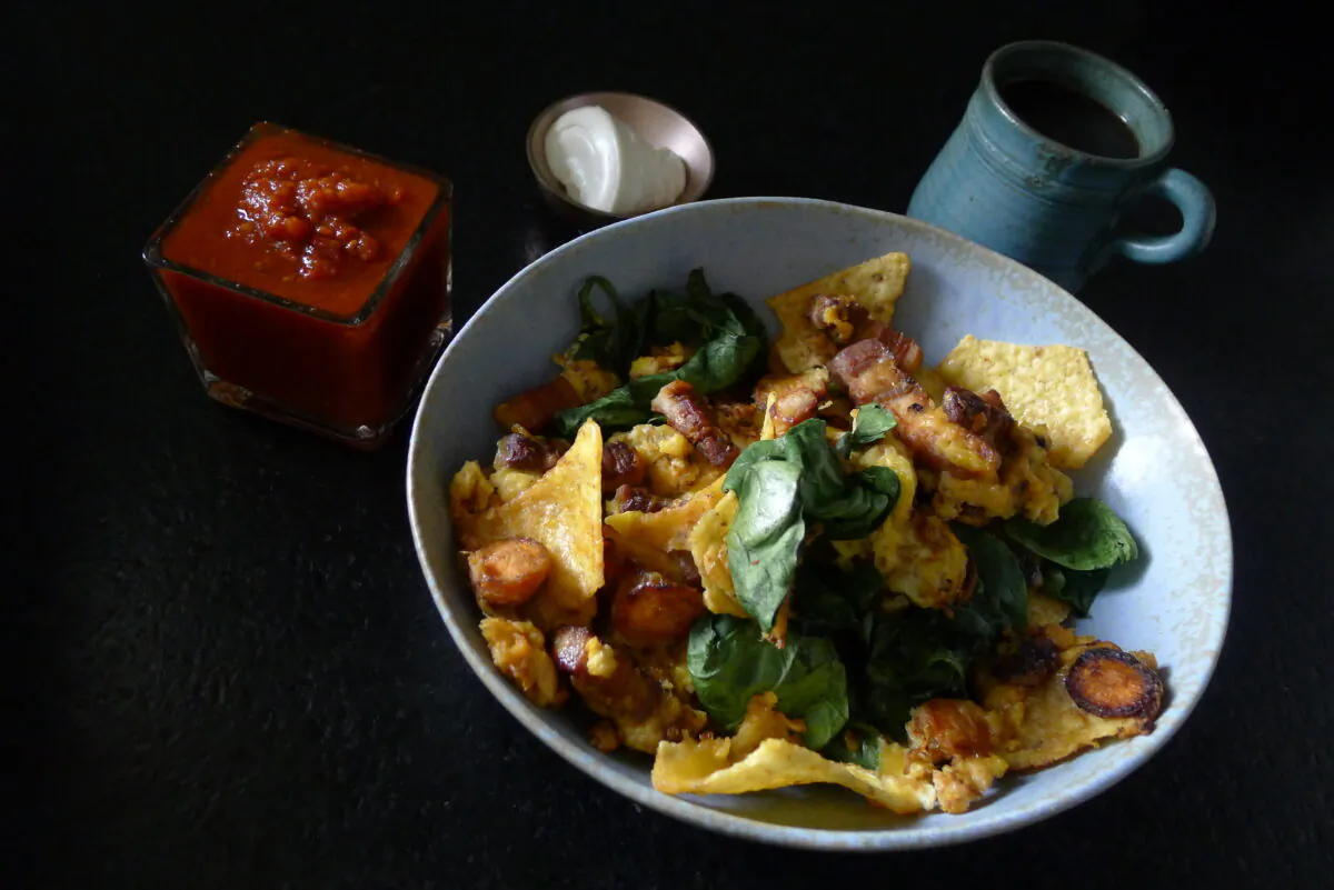 Breakfast nachos, served with salsa and coffee. (Ari LeVaux)