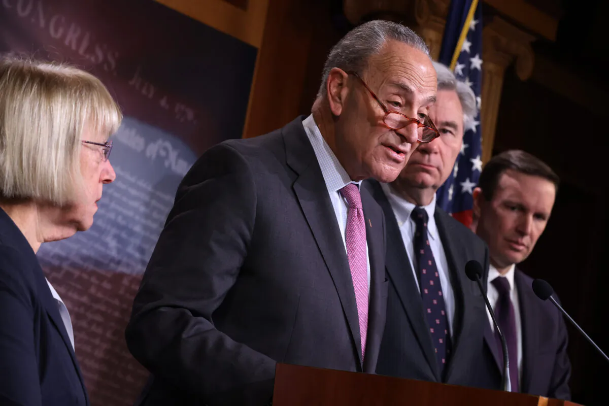(L-R) Sen. Patty Murray (D-Wash.), Senate Minority Leader Charles Schumer (D-N.Y.), Sen. Sheldon Whitehouse (D-R.I.) and Sen. Chris Murphy (D-Conn.) hold a news conference at the U.S. Capitol in Washington on Jan. 22, 2020. (Chip Somodevilla/Getty Images)