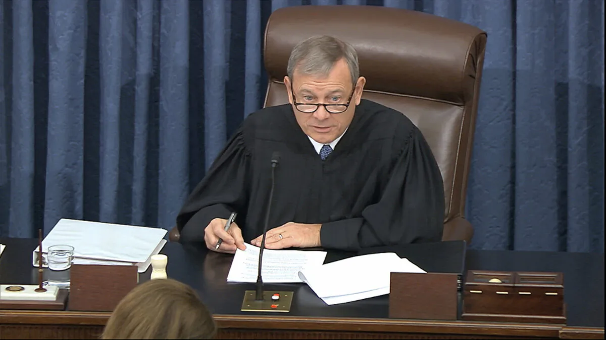 Supreme Court Chief Justice John Roberts speaks during the impeachment trial against President Donald Trump in the Senate at the U.S. Capitol in Washington on Jan. 21, 2020. (Senate Television via AP)