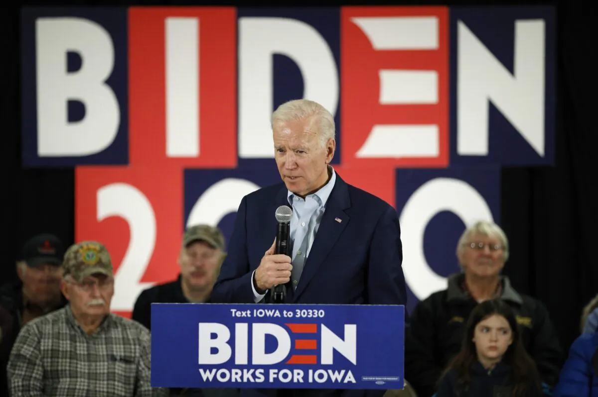 Democratic presidential candidate former Vice President Joe Biden speaks during a campaign event on foreign policy at a VFW post in Osage, Iowa, on Jan. 22, 2020. (John Locher/AP Photo)