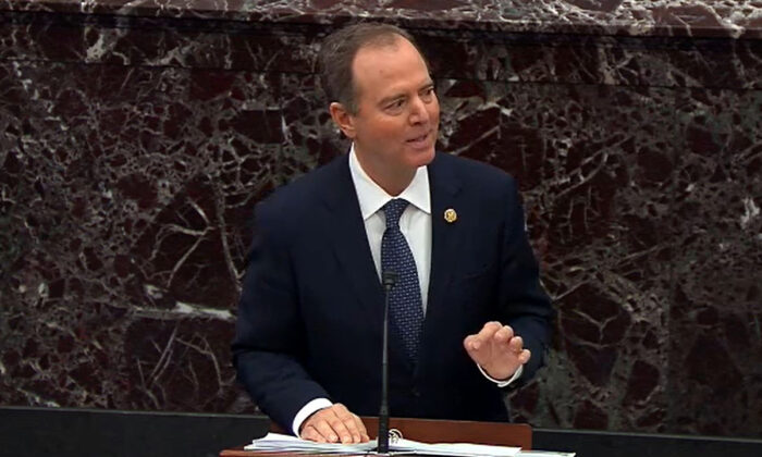 In this screengrab taken from a Senate Television webcast, House impeachment manager Adam Schiff (D-Calif.) speaks during impeachment proceedings against President Donald Trump in the Senate at the U.S. Capitol in Washington on Jan. 22, 2020. (Senate Television via Getty Images)