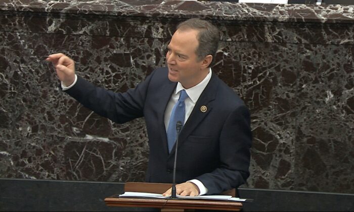 House impeachment manager Rep. Adam Schiff (D-Calif.) speaks during the impeachment trial against President Donald Trump in the Senate at the U.S. Capitol in Washington, on Jan. 23, 2020. (Senate Television via AP)