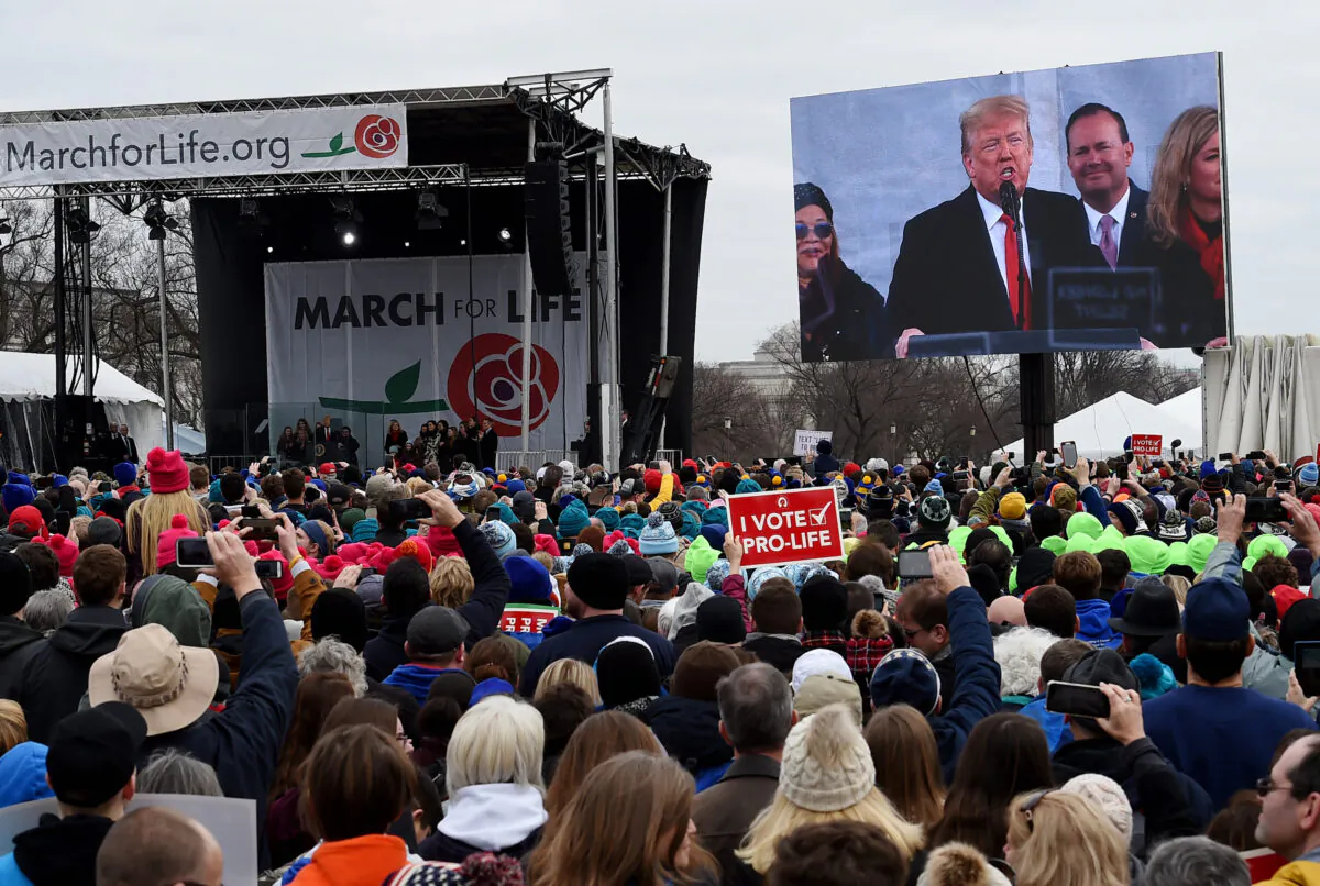 Pro-life demonstrators listen to President Donald Trump as he speaks at the 47th annual "March for Life" in Washington on Jan. 24, 2020. (Olivier Douliery/AFP via Getty Images)