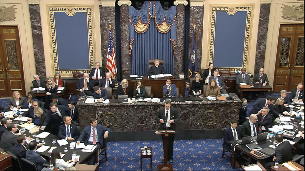 White House deputy counsel Patrick Philbin speaks during the impeachment trial against Trump in the Senate at the U.S. Capitol in Washington on Jan. 25, 2020. (Senate Television via AP)