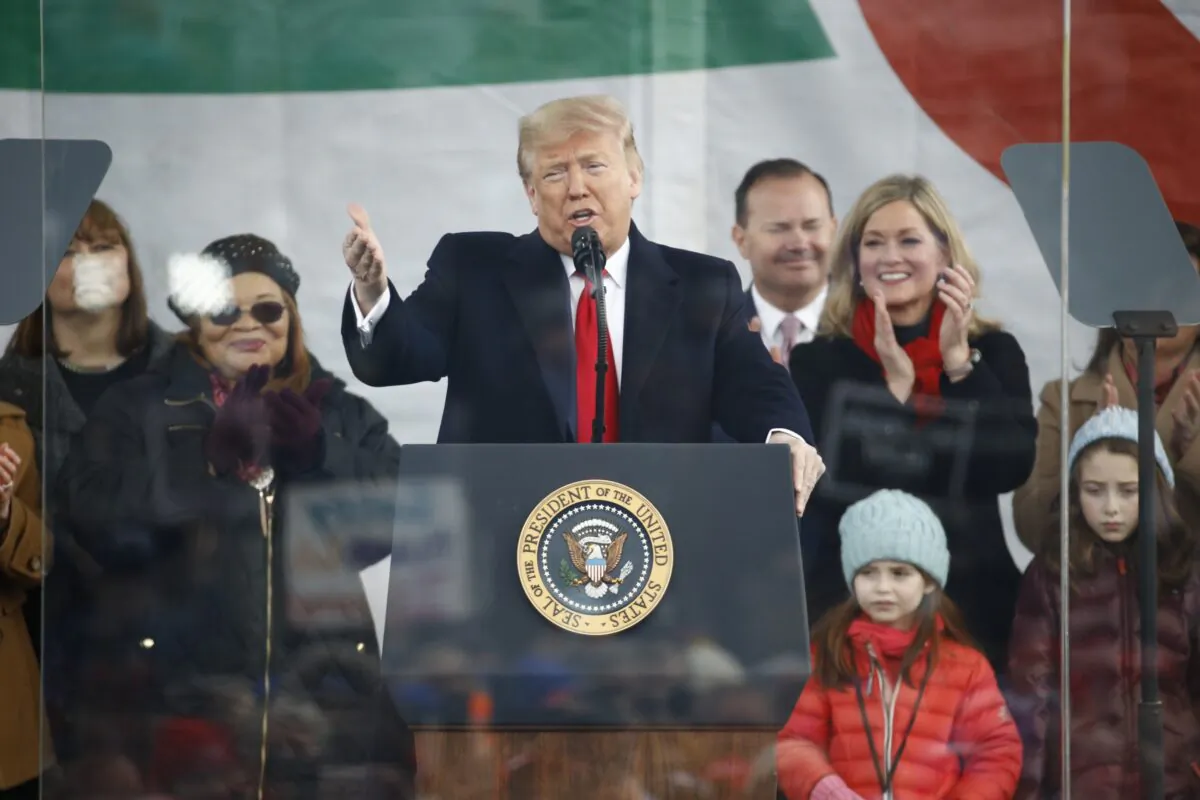 President Donald Trump speaks at a March for Life rally on the National Mall in Washington on Jan. 24, 2020. (Patrick Semansky/AP Photo)