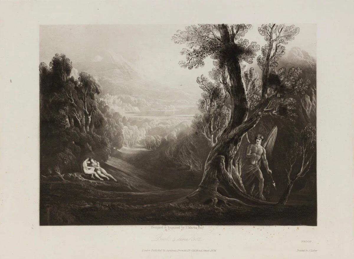 Satan asks the first question in the Bible. “Satan Observes Adam and Eve in the Garden of Eden,” 1825, by John Martin in an illustrations for “Paradise Lost.” (Public Domain)