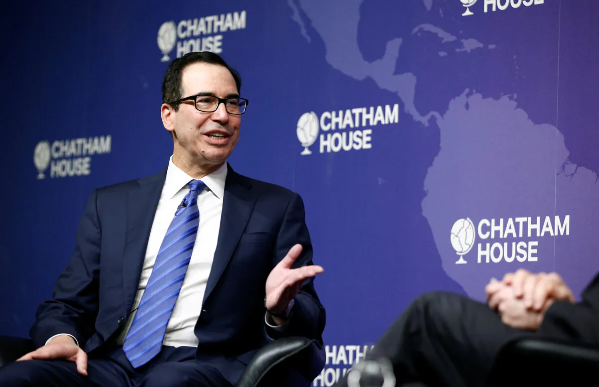 U.S. Treasury Secretary Steven Mnuchin speaks at Chatham House in London, UK, on Jan. 25, 2020. (Reuters/Henry Nicholls)