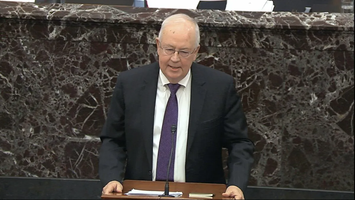Ken Starr, an attorney for President Donald Trump, speaks during the impeachment trial against Trump in the Senate at the U.S. Capitol in Washington, on Jan. 27, 2020. (Senate Television via AP)