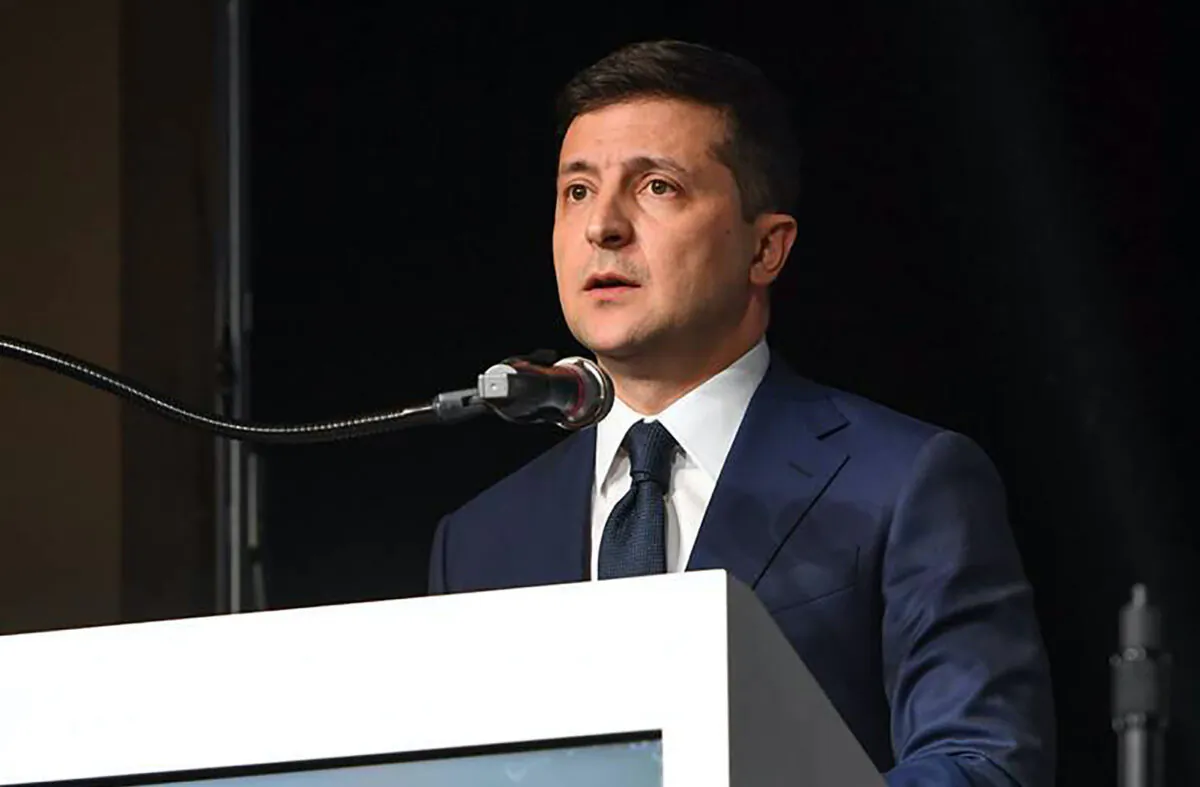 Ukrainian President Volodymyr Zelensky speaks at welcome dinner for Holocaust survivors and their families hosted by the Auschwitz-Birkenau Memorial Foundation, in Krakow, Poland, on Jan. 26, 2020. (Shahar Azran/WJC via AP)