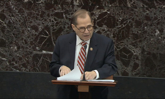 House impeachment manager Rep. Jerrold Nadler (D-N.Y.) speaks during the impeachment trial against President Donald Trump in the Senate at the U.S. Capitol in Washington on Jan. 23, 2020. (Senate Television via AP)