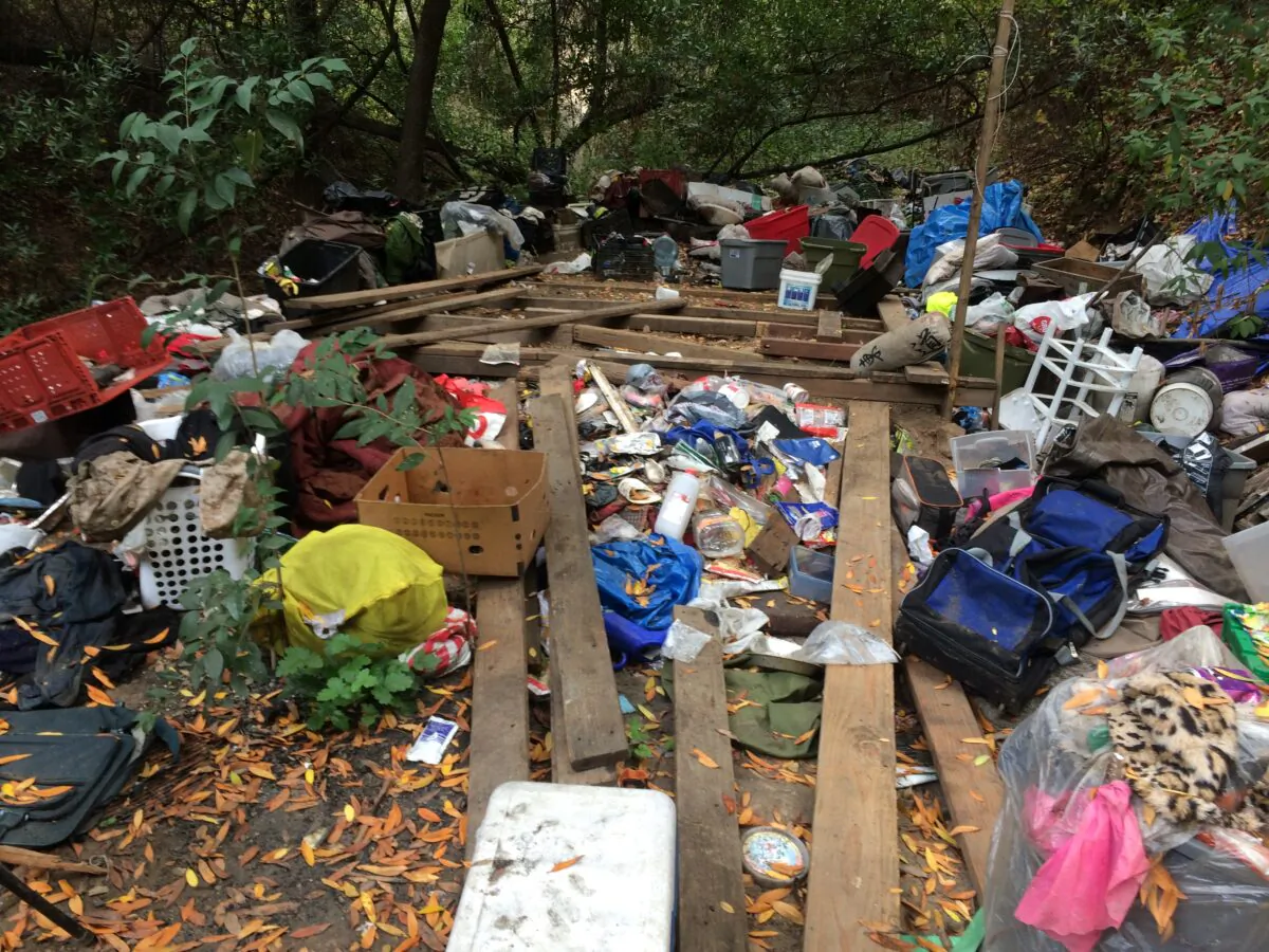 Waste from a homeless encampment along San Lorenzo Creek in Castro Valley, Calif. Local residents are paying the bill to clean it up after authorities cleared out the camp's inhabitants. (Courtesy of Alameda County)