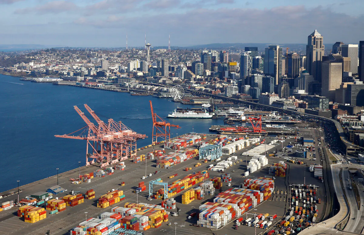 Shipping containers at the Port of Seattle and the Elliott Bay waterfront in Seattle on March 21, 2019. (Reuters/Lindsey Wasson)