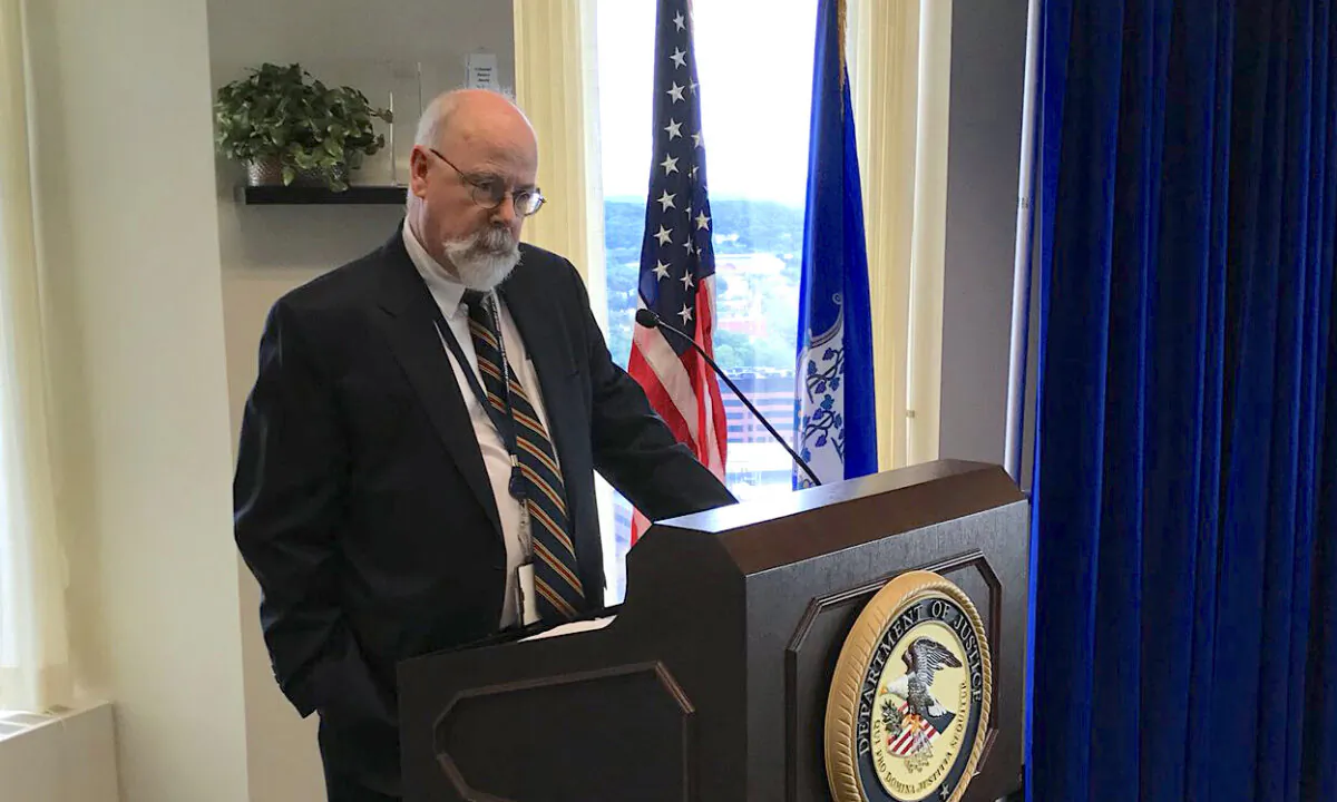 John Durham speaks at a conference in New Haven, Conn., on Sept. 20, 2018. (Courtesy of the U.S. Attorney's Office for the District of Connecticut)