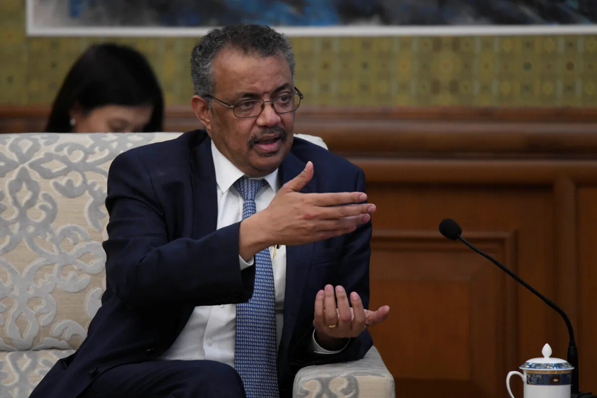 Tedros Adhanom Ghebreyesus, director general of the World Health Organization, speaks during a meeting with Chinese Foreign Minister Wang Yi at the Diaoyutai State Guesthouse in Beijing, China, on Jan. 28, 2020. (Naohiko Hatta/Pool via Reuters)