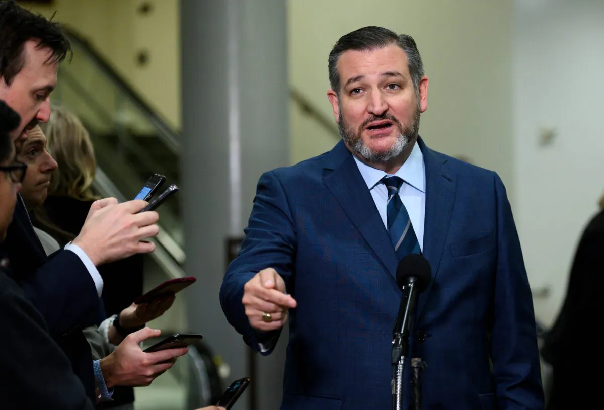 Sen. Ted Cruz (R-Texas) speaks at a press conference during a break in the Senate impeachment trial of President Donald Trump at the Capitol in Washington on Jan. 23, 2020. (Andrew Caballero-Reynolds/AFP via Getty Images)