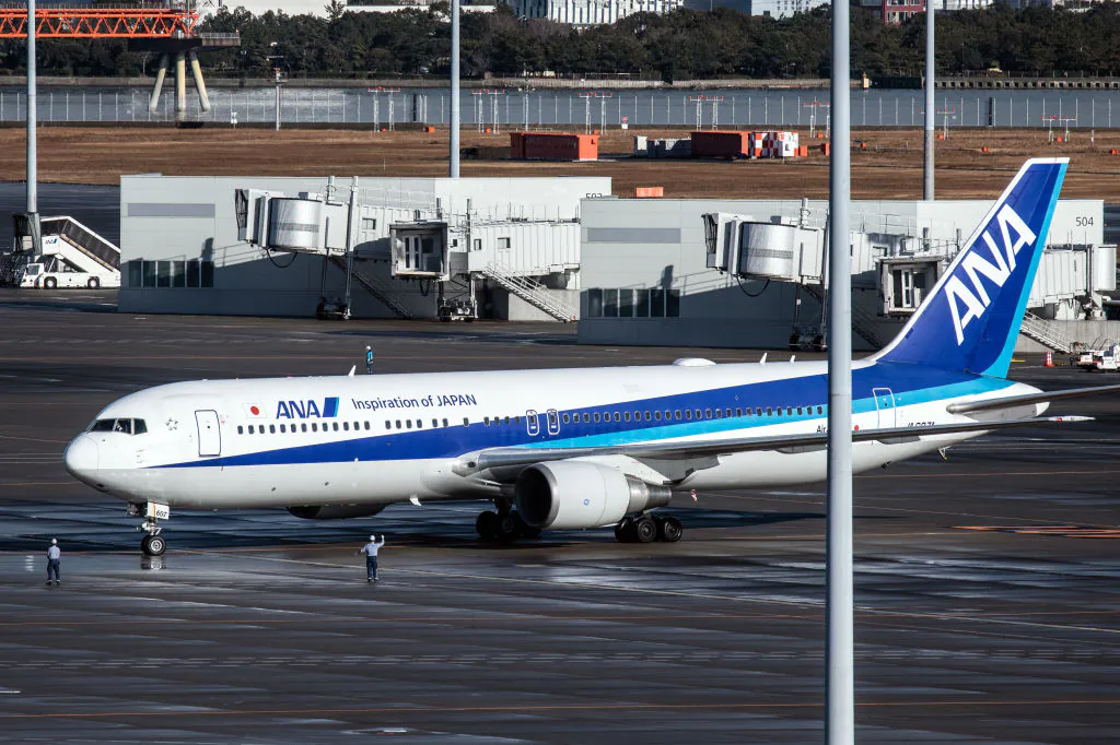 An airplane carrying Japanese citizens repatriated from Wuhan amidst the coronavirus outbreak lands at Haneda airport in Tokyo on Jan. 29, 2020. (Carl Court/Getty Images)