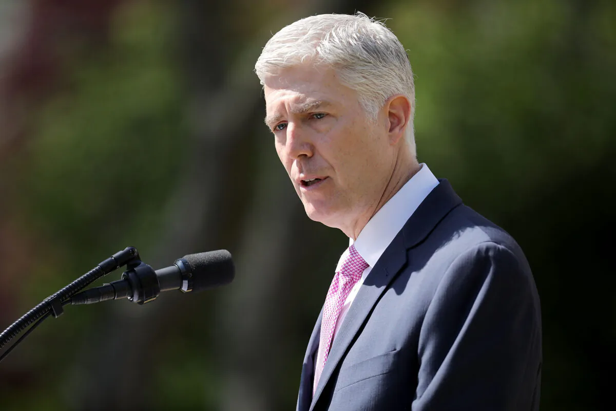 Supreme Court Associate Justice Neil Gorsuch delivers remarks after taking the judicial oath during a ceremony in the Rose Garden at the White House in Washington April 10, 2017. (Chip Somodevilla/Getty Images)