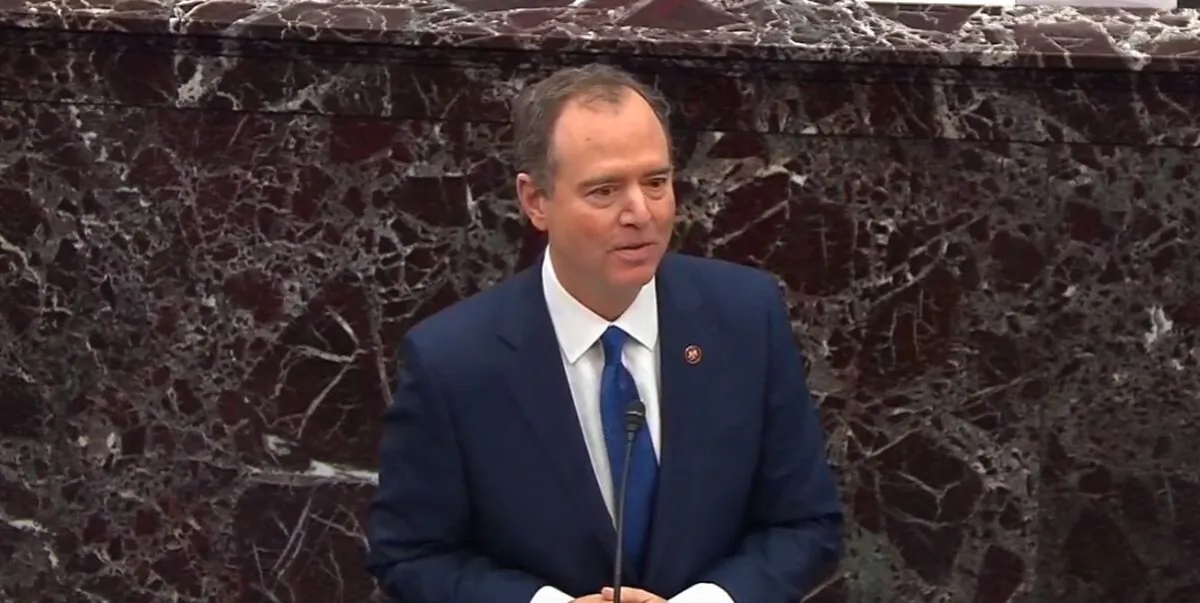 House impeachment manager Rep. Adam Schiff (D-Calif.) speaks during the impeachment trial against President Donald Trump in the Senate  on Wednesday (Senate TV)