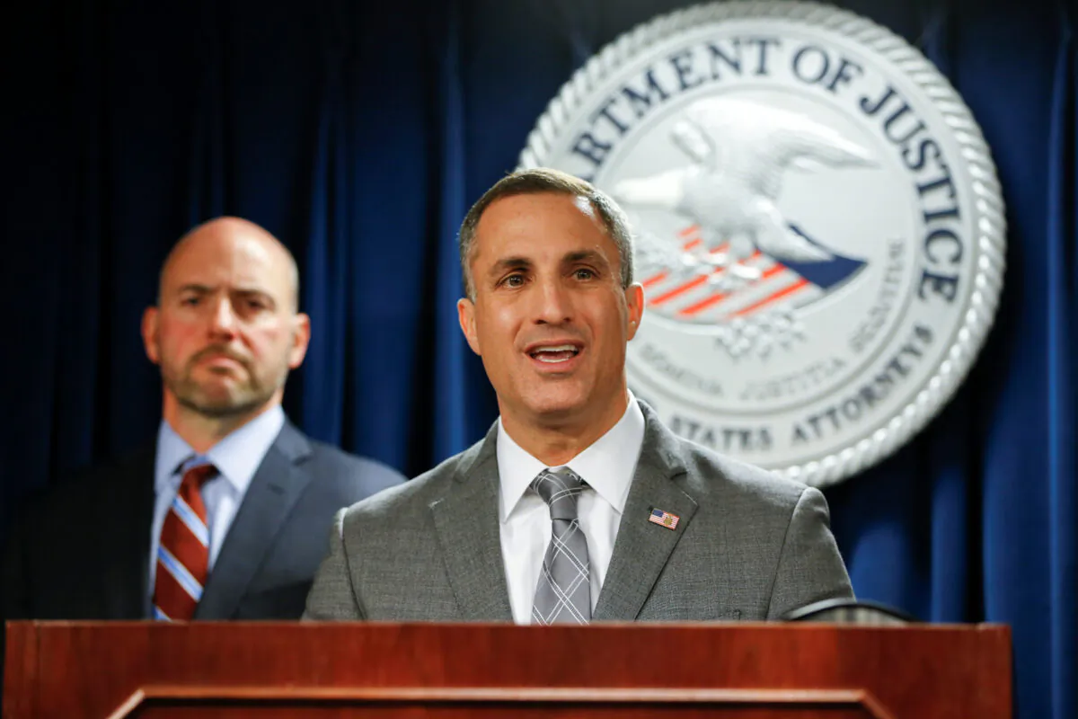 Joseph R. Bonavolonta, Special Agent in Charge Federal Bureau of Investigation, Boston Field Division announces federal charges against individuals in connection with aiding China, at Moakley federal courthouse in Boston, Mass., on Jan. 28, 2020. (Katherine Taylor/Reuters)
