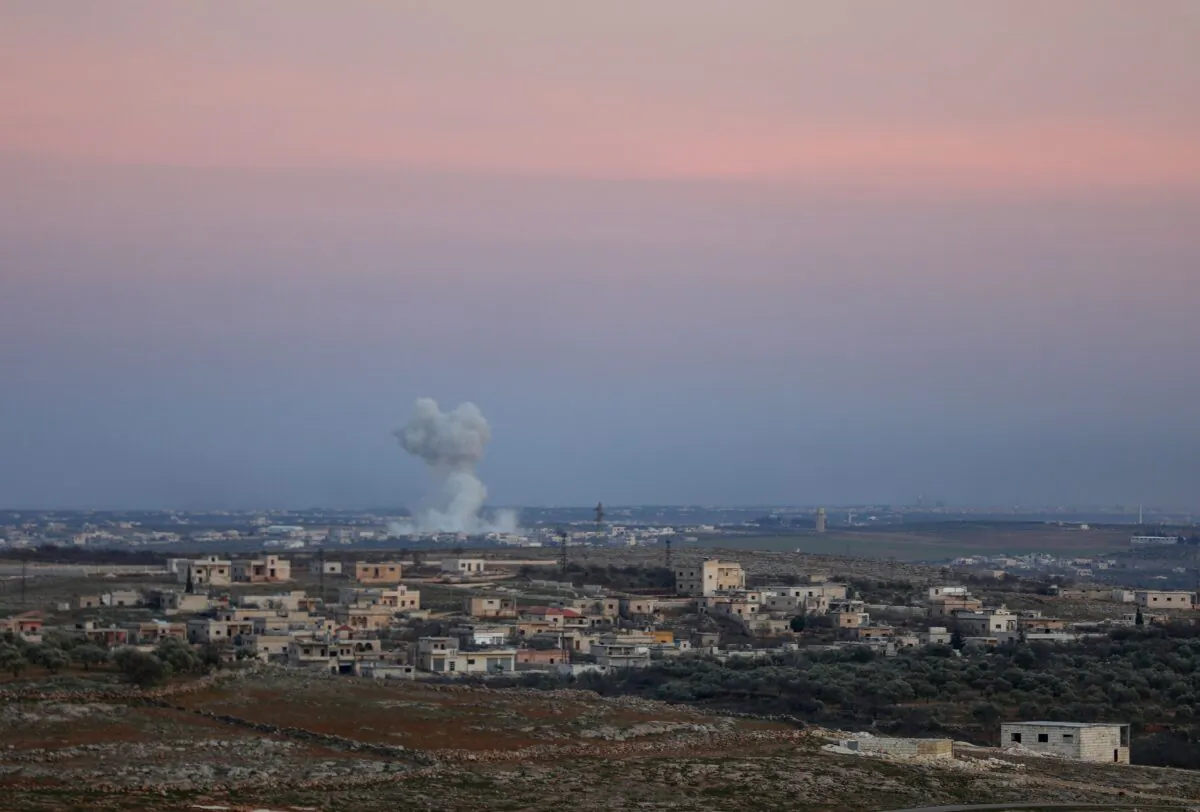 Smoke billows following reported bombardment by Syrian regime forces on the outskirts of Maarat al-Numan, in the northwestern Syrian province of Idlib, on Jan. 26, 2020. (Omar Has Kadour/AFP via Getty Images)