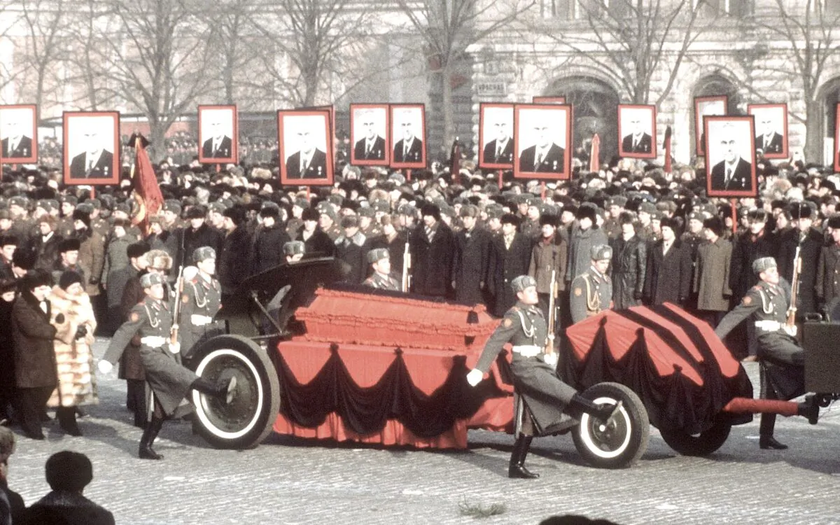 The coffin containing the remains of Yuri Andropov, former KGB chief and Soviet premier, is pulled through Moscow streets during his funeral on Feb. 13, 1984. Andropov called the Soviets’ strategy of ideological subversion in the West “the final struggle for the minds and hearts of the people.” (AFP via Getty Images)