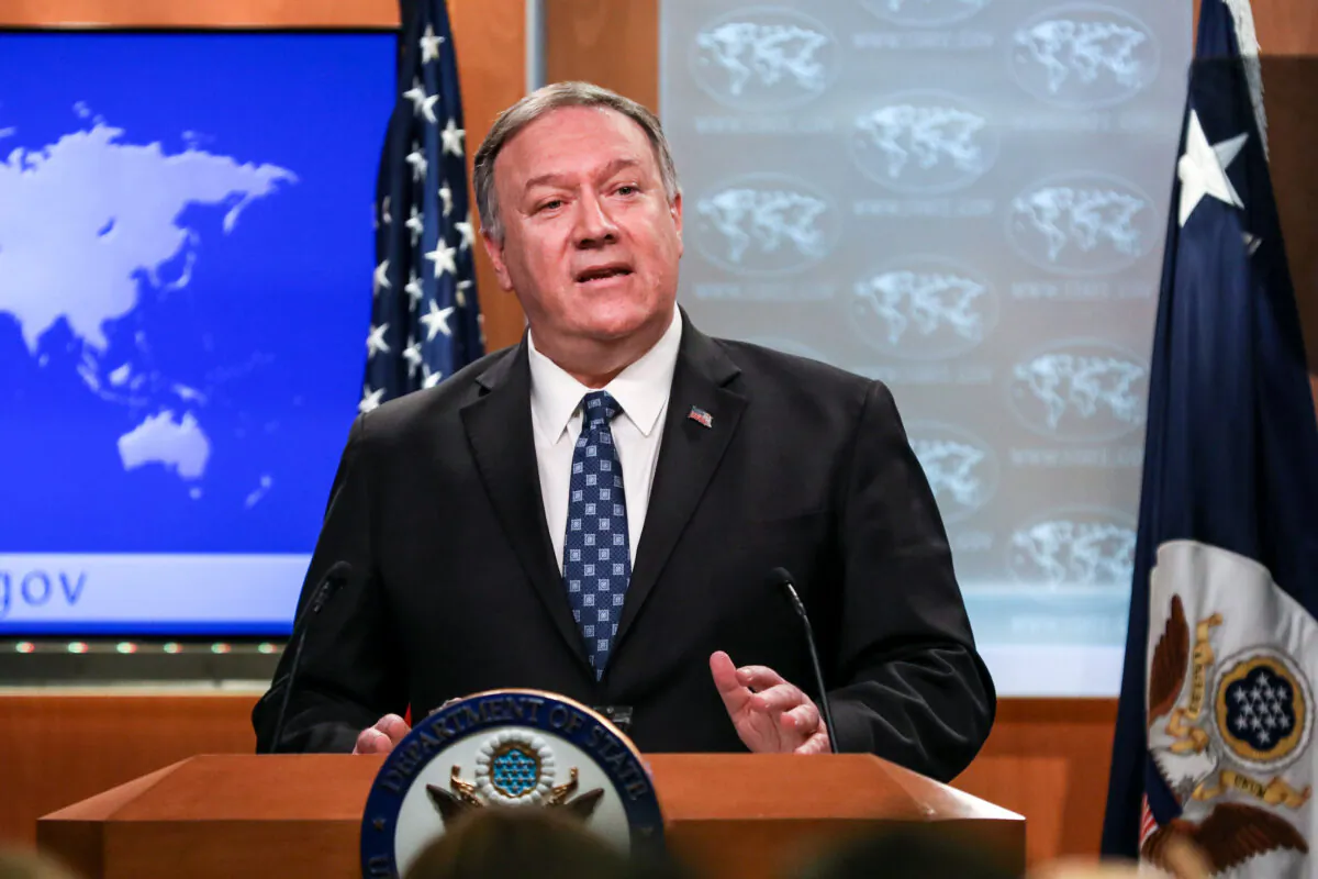 Secretary of State Mike Pompeo holds a press briefing at the State Department in Washington on Jan. 7, 2020. (Charlotte Cuthbertson/The Epoch Times)