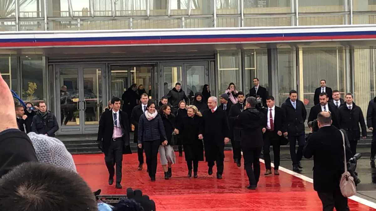 Israeli Prime Minister Benjamin Netanyahu and his wife, Sara, walk with Naama Issachar and her mother, Yaffa, at Vnukovo International Airport in Moscow, Russia, on Jan.30, 2020. (Dan Williams/Reuters)