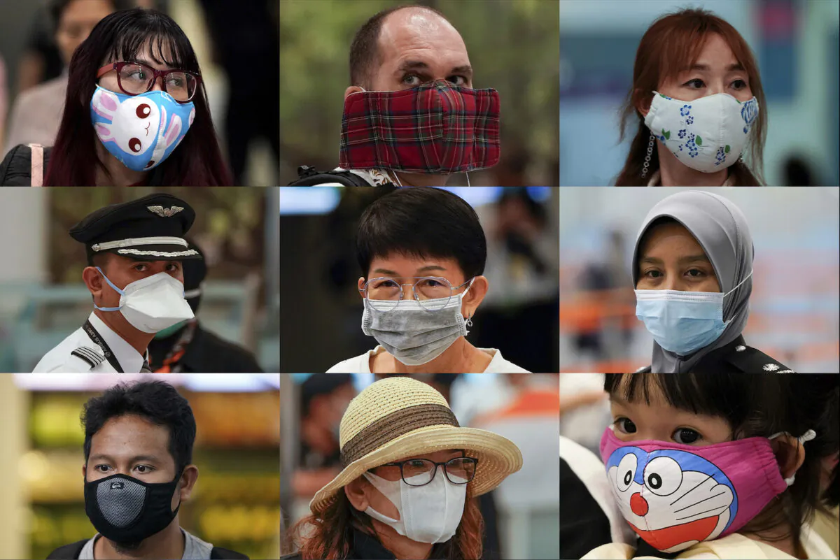 A combination of photos show people wearing various masks as they wait at an immigration counter at Kuala Lumpur Low Cost Terminal in Sepang, Malaysia on Jan. 29, 2020. Face masks are in short supply in parts of the world as people try to stop the spread of a new virus from China. Health officials recommend strap-on medical masks for people being evaluated for the new virus, their household members and caregivers. (Vincent Thian/AP)