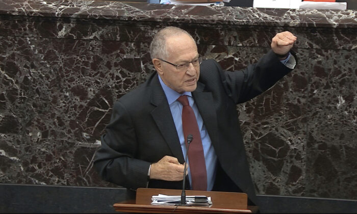 Alan Dershowitz, an attorney for President Donald Trump, answers a question during the impeachment trial against Trump in the Senate at the U.S. Capitol in Washington, Jan. 29, 2020. (Senate Television via AP)