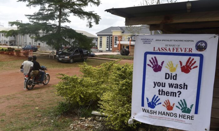A picture shows a warning and awareness banner for Lassa fever displayed at the Institute of Lassa Fever Research and Control in Irrua Specialist Teaching Hospital in Irrua, Edo State, midwest Nigeria, on March 6, 2018. (Pius Utomi Ekpei/AFP via Getty Images)