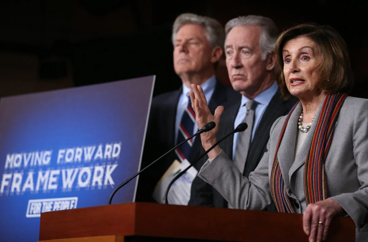 (R to L) Speaker of the House Nancy Pelosi (D-Calif.), Rep. Richard Neal (D-Mass.) and Rep. Frank Pallone (D-N.J.) hold a news conference unveiling House Democrats' new infrastructure framework at the U.S. Capitol in Washington on Jan. 29, 2020. (Mario Tama/Getty Images)