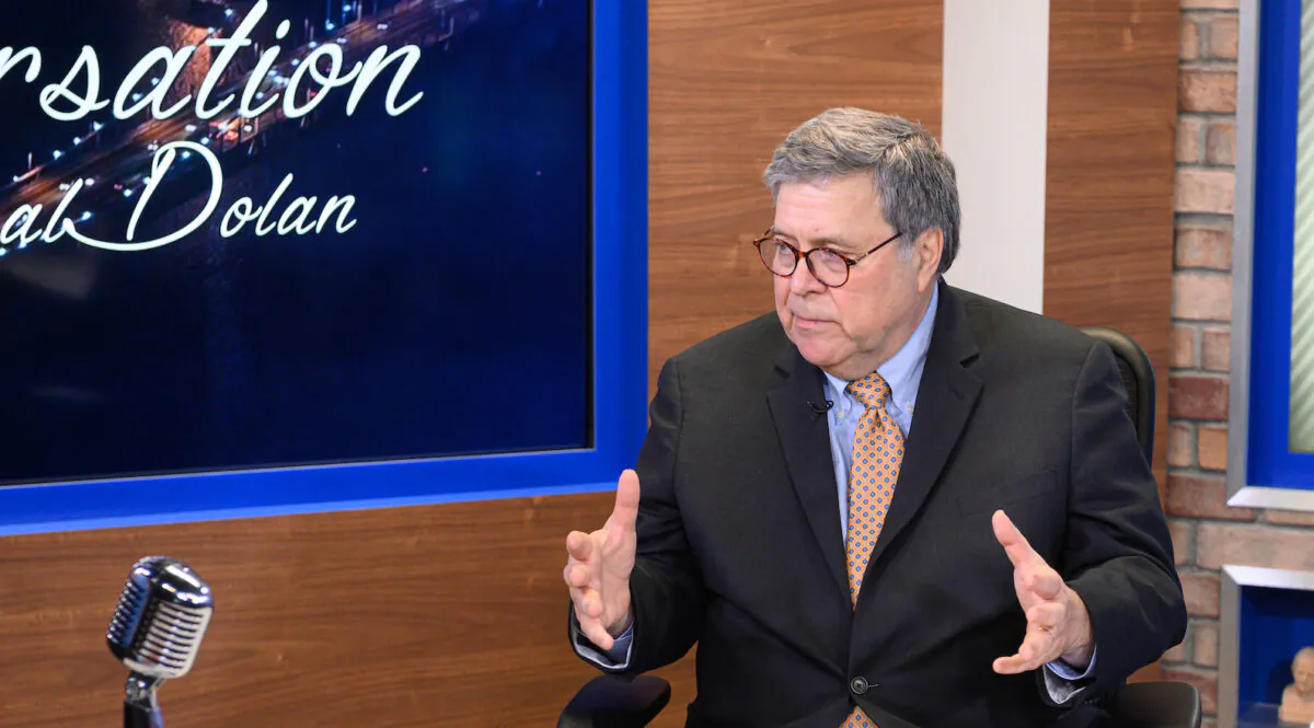 Attorney General William Barr sits down with Cardinal Timothy Dolan and Father Dave Dwyer, CSP at The Catholic Channel's 'Conversation With Cardinal Dolan' in New York City on Jan. 28, 2020. (Noam Galai/Getty Images for SiriusXM)
