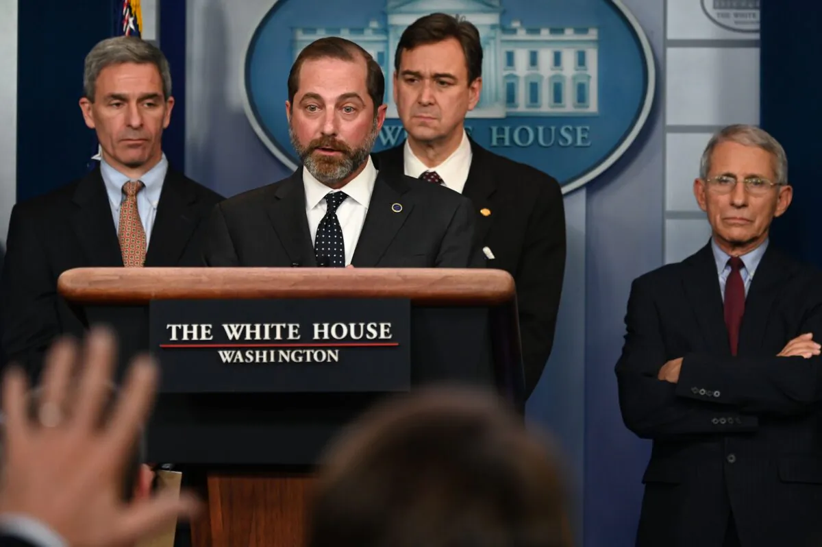Secretary of Health and Human Services Alex Azar takes questions during a briefing with members of the president's Coronavirus Task Force in Washington, on Jan. 31, 2020. (Andrew Caballero-Reynolds/AFP via Getty Images)