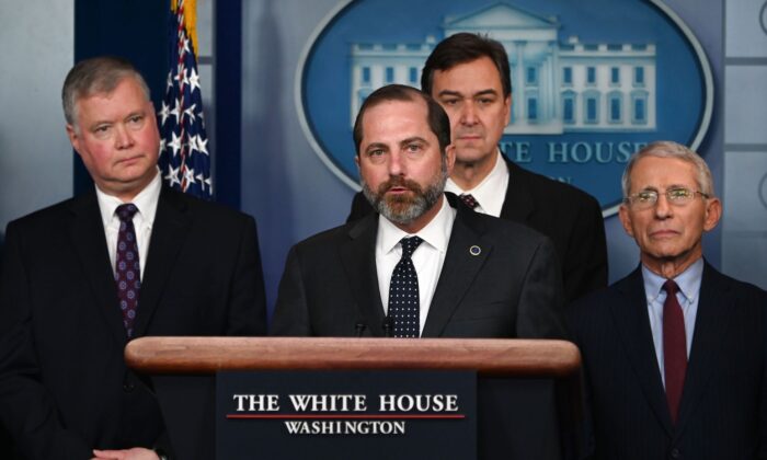 Secretary of Health and Human Services Alex Azar takes questions during a briefing with members of the president's Coronavirus Task Force in Washington on Jan. 31, 2020. (Andrew Caballero-Reynolds/AFP via Getty Images)