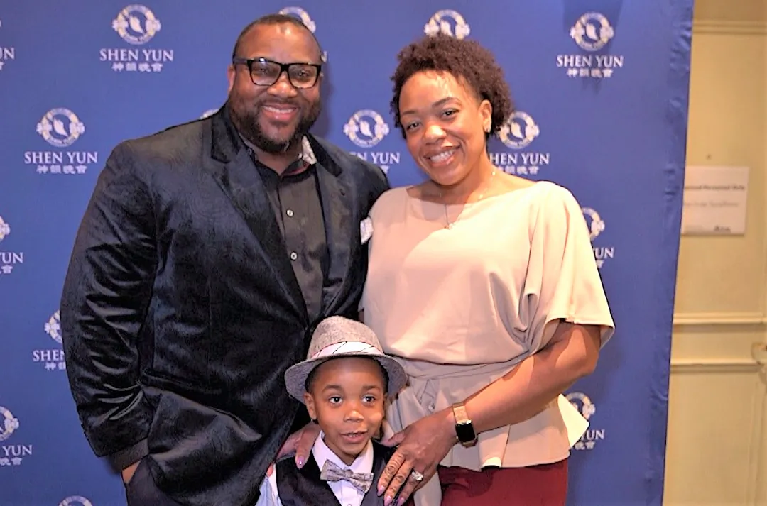 State Representative Melissa Minor-Brown (D) of Delaware's 17th District attends Shen Yun Performing Arts with her family, husband Grandville Brown and son Zachariah, at the Merriam Theater in Philadelphia, Feb. 29, 2020. (NTD Television)
