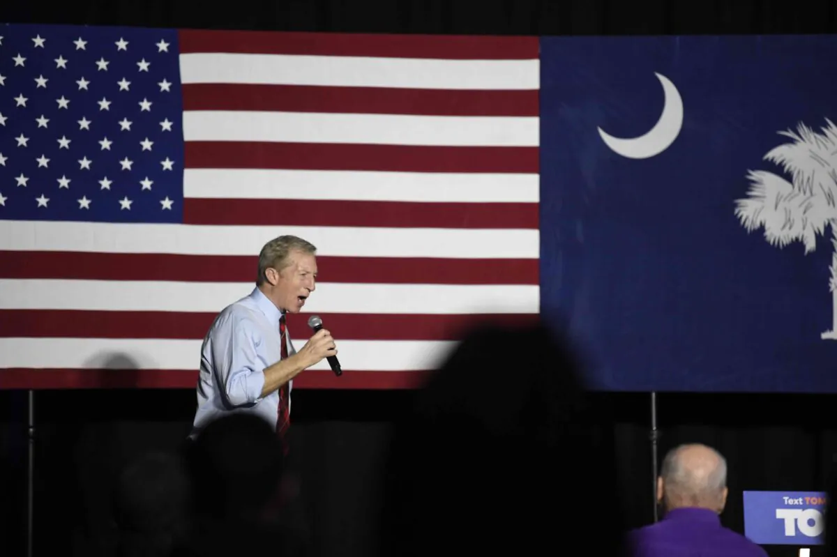 Democrat Tom Steyer addresses the crowd at his election-eve rally the night before the South Carolina presidential primary in Columbia, S.C., on Feb. 28, 2020. (AP Photo/Meg Kinnard)