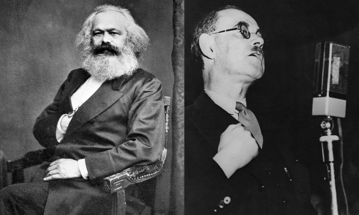 (Left) A portrait of Karl Marx, circa 1875. (International Institute of Social History via Wikimedia Commons) (Right) British political theorist Harold Laski, a leading Fabian socialist, circa 1940. (Keystone/Hulton Archive/Getty Images)