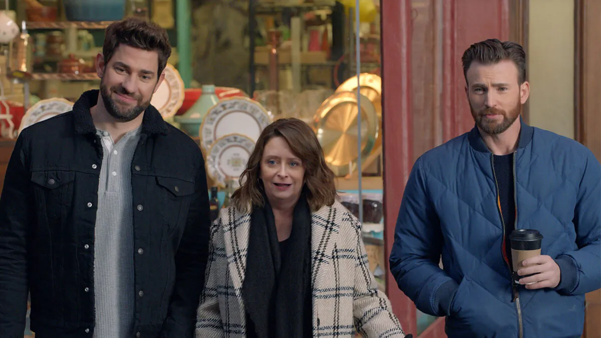 John Krasinski (L), Rachel Dratch (C) and Chris Evans (R) in a scene from Hyundai's 2020 Super Bowl NFL football spot. (Hyundai Motor America via AP)