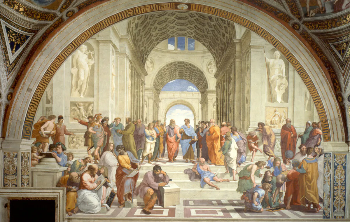 Detail of “The School of Athens” by Raphael. In the centre are Plato and Aristotle in discussion. (Public Domain)