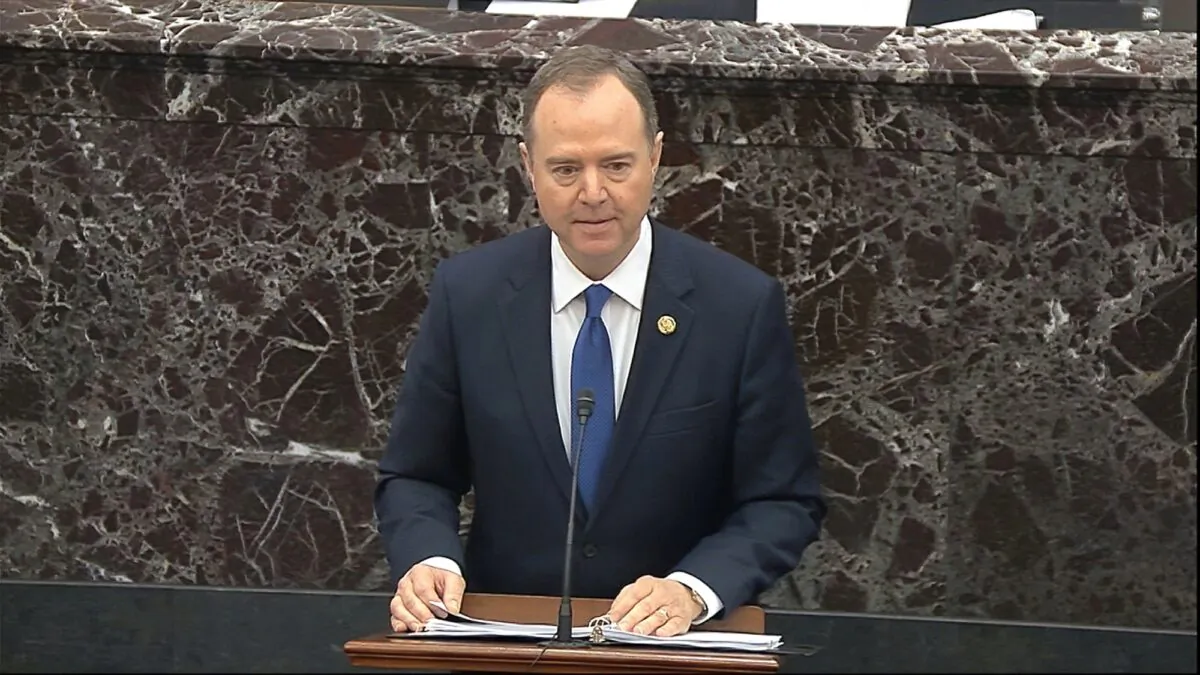 House impeachment manager Rep. Adam Schiff (D-Calif.) speaks during closing arguments in the impeachment trial against President Donald Trump in the Senate at the U.S. Capitol in Washington, on Feb. 3, 2020. (Senate Television via AP)