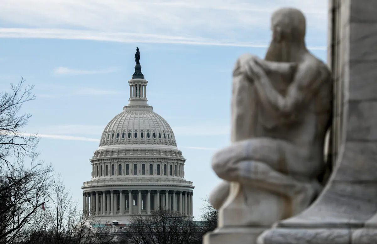 The Christopher Columbus Memorial Fountain overlooks the Capitol in Washington on Jan. 2, 2020. (Samira Bouaou/The Epoch Times)