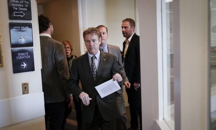 Sen. Rand Paul (R-Ky.) leaves a brief news conference during the Senate impeachment trial on January 30, 2020. (Drew Angerer/Getty Images)