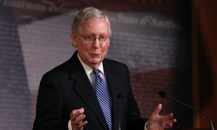 Senate Majority Leader Sen. Mitch McConnell (R-Ky.) speaks to media after the Senate voted to acquit President Donald Trump on two articles of impeachment, at the Capitol in Washington on Feb. 5, 2020. (Charlotte Cuthbertson/The Epoch Times)
