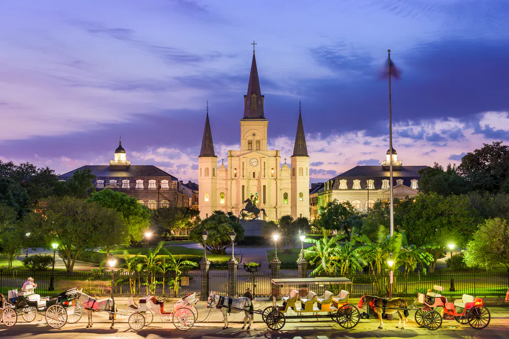 Jackson Square is New Orleans’s leading landmark. Against the backdrop of historic Saint Louis Cathedral, Maj. Gen. Andrew Jackson, hero of the Battle of New Orleans, sits astride his horse, tipping his hat to visitors.  (Sean Pavone/Shutterstock)