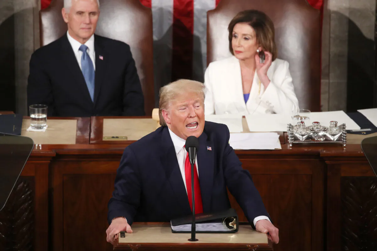 President Donald Trump delivers the State of the Union address as House Speaker Rep. Nancy Pelosi (D-Calif.) and Vice President Mike Pence look on in the chamber of the U.S. House of Representatives in Washington on Feb. 04, 2020. (Mark Wilson/Getty Images)